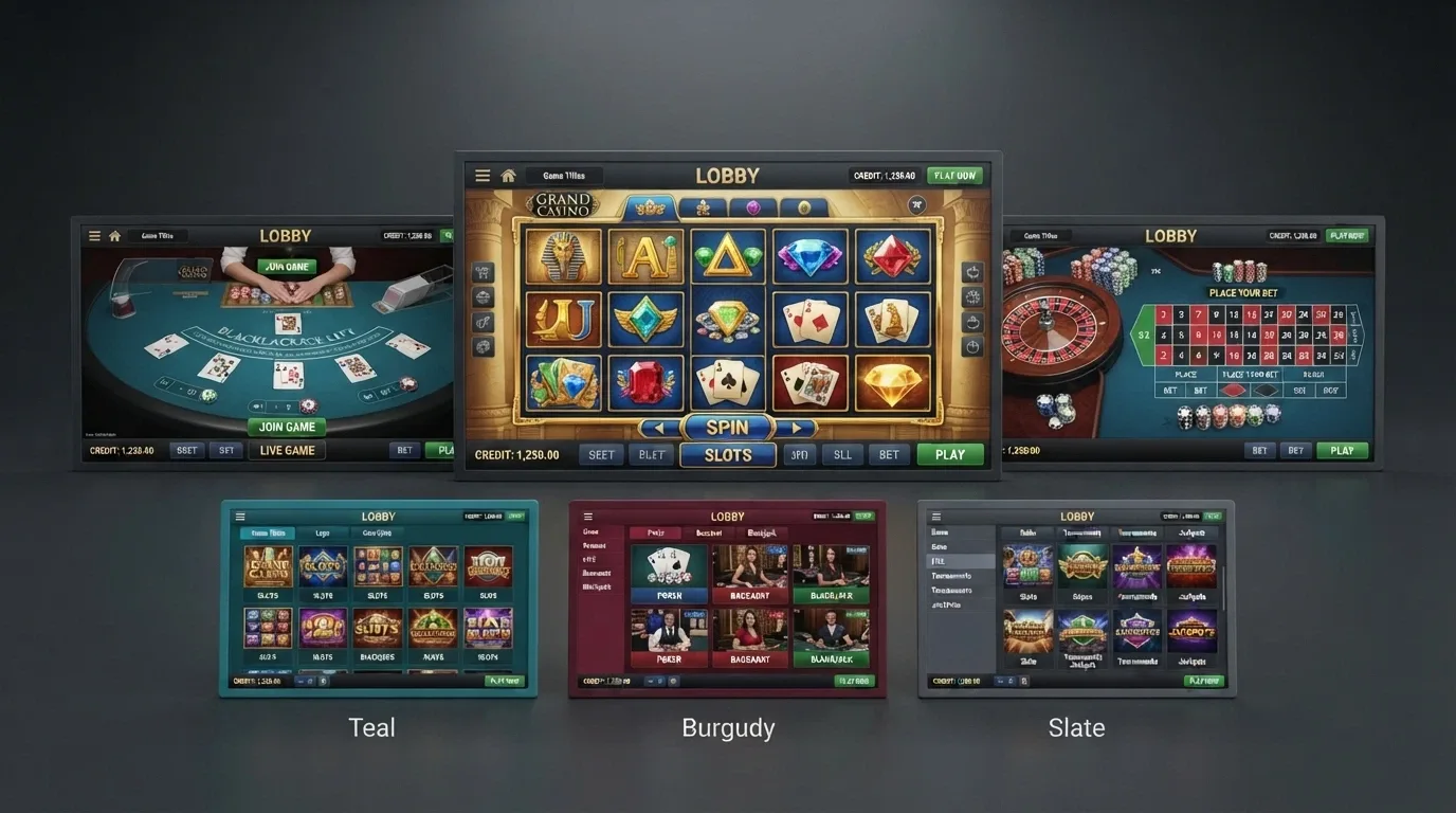 A visual comparison grid of casino-brand colour palettes and interface styles arranged by market presence, with the largest brand emphasised, no logos or text legible enough to read as an endorsement