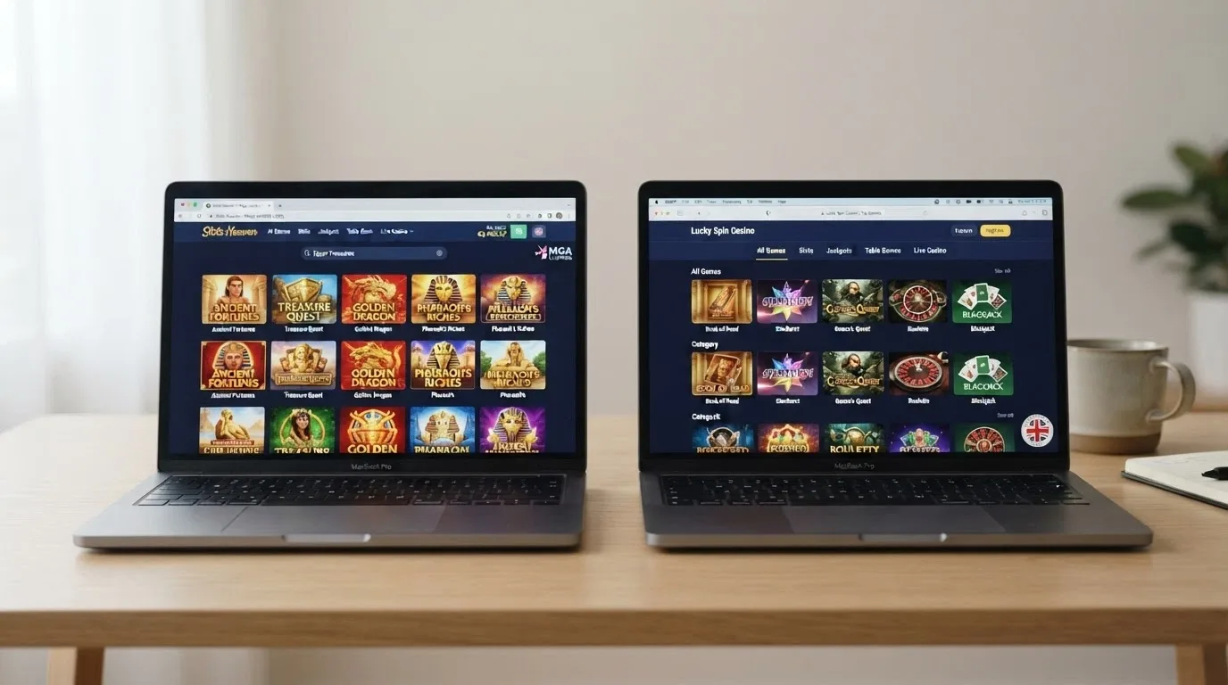 side-by-side browser windows showing the game lobbies of two offshore casinos, each listing Aristocrat pokie titles, with licence badge callouts