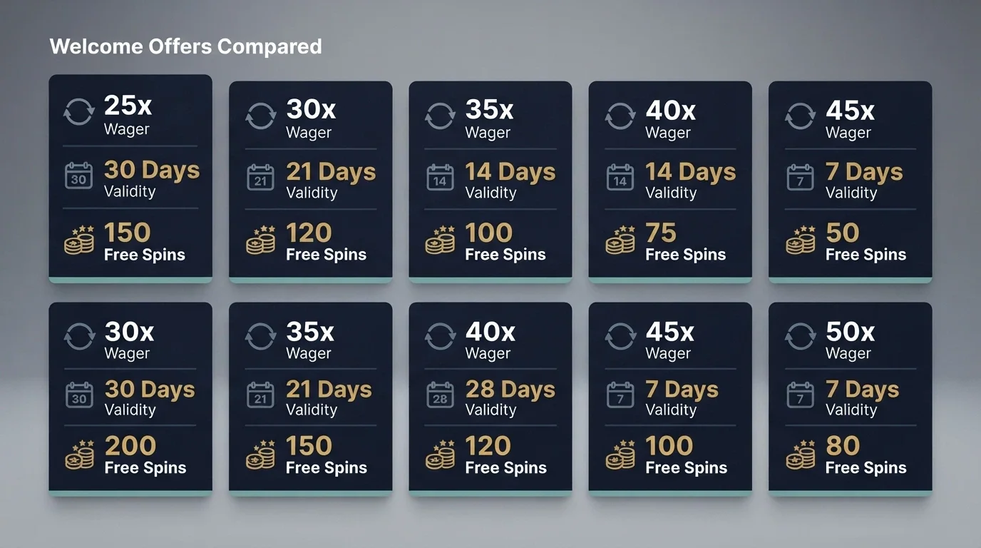 A side-by-side comparison visual of casino bonus terms displayed as cards or a grid, with operator names and key figures (wagering multiples, validity days, free-spin counts) highlighted