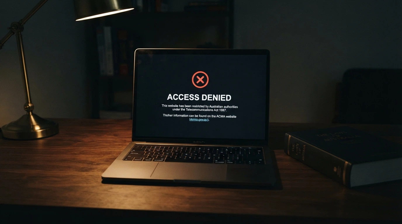 A document labelled Interactive Gambling Act 2001 beside a computer screen showing a blocked-website notice