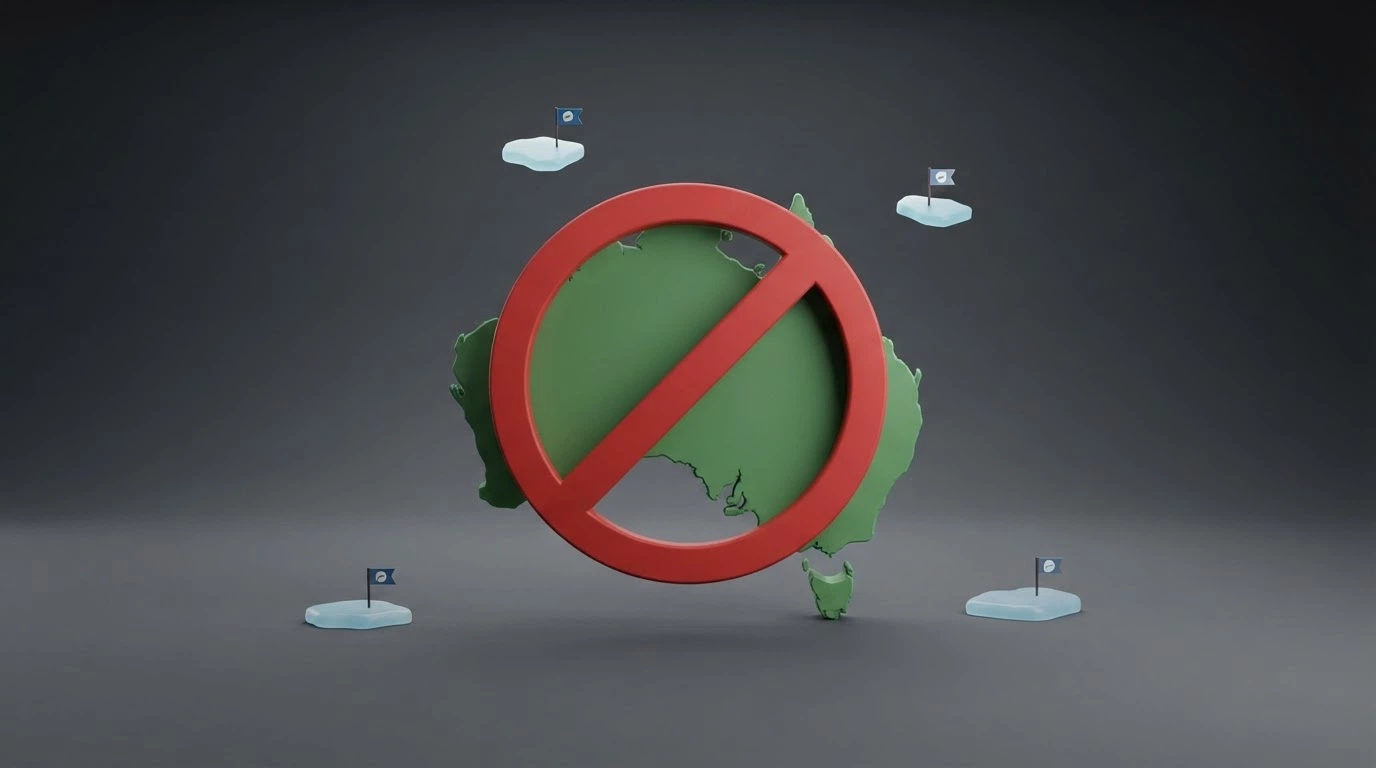 A map of Australia with a red prohibition symbol overlaid, surrounded by small offshore-island licence badges floating outside the continent