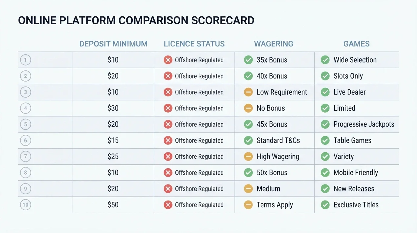A simplified visual of a comparison checklist or scorecard with casino brand names down the left and key criteria — minimum deposit, licence status, wagering — across the top, with checkmarks and dollar figures filling the grid
