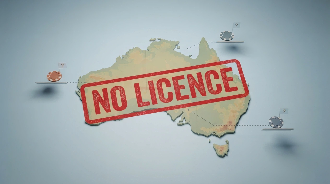 A map of Australia with a prominent red “No Licence” stamp over it, and dotted lines connecting to offshore casino icons floating outside Australian borders — each casino icon has a small flag (Curaçao) and a question mark over its dispute-resolution symbol.