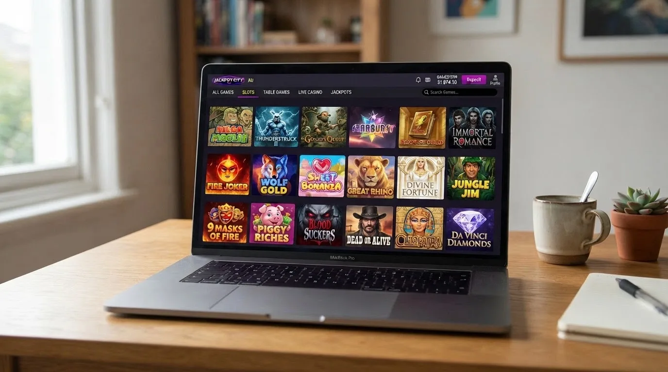 The game lobby of an offshore casino showing a scrollable grid of 5-reel pokie thumbnails