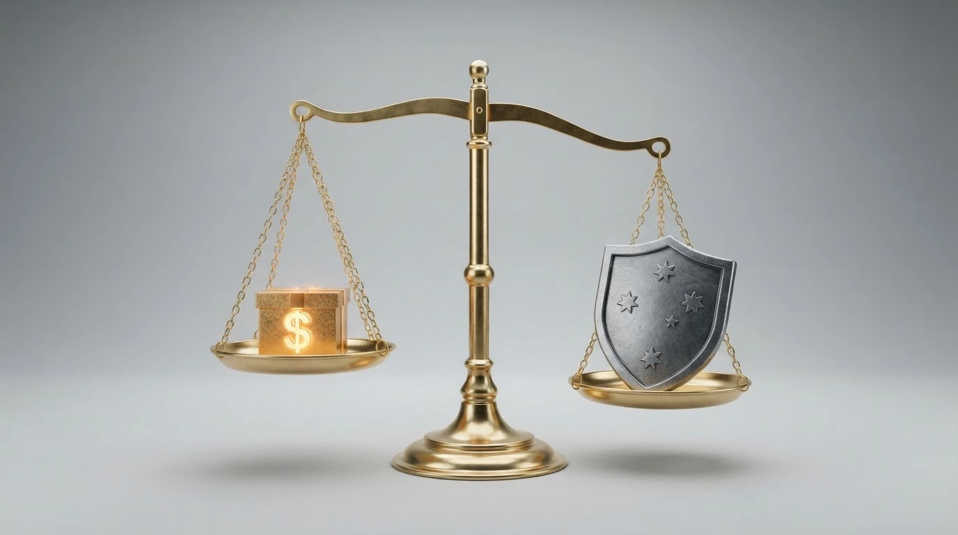 A balance scale: on one side a welcome bonus package with a dollar sign, on the other side a shield labelled with Australian consumer protections — the shield side is heavier