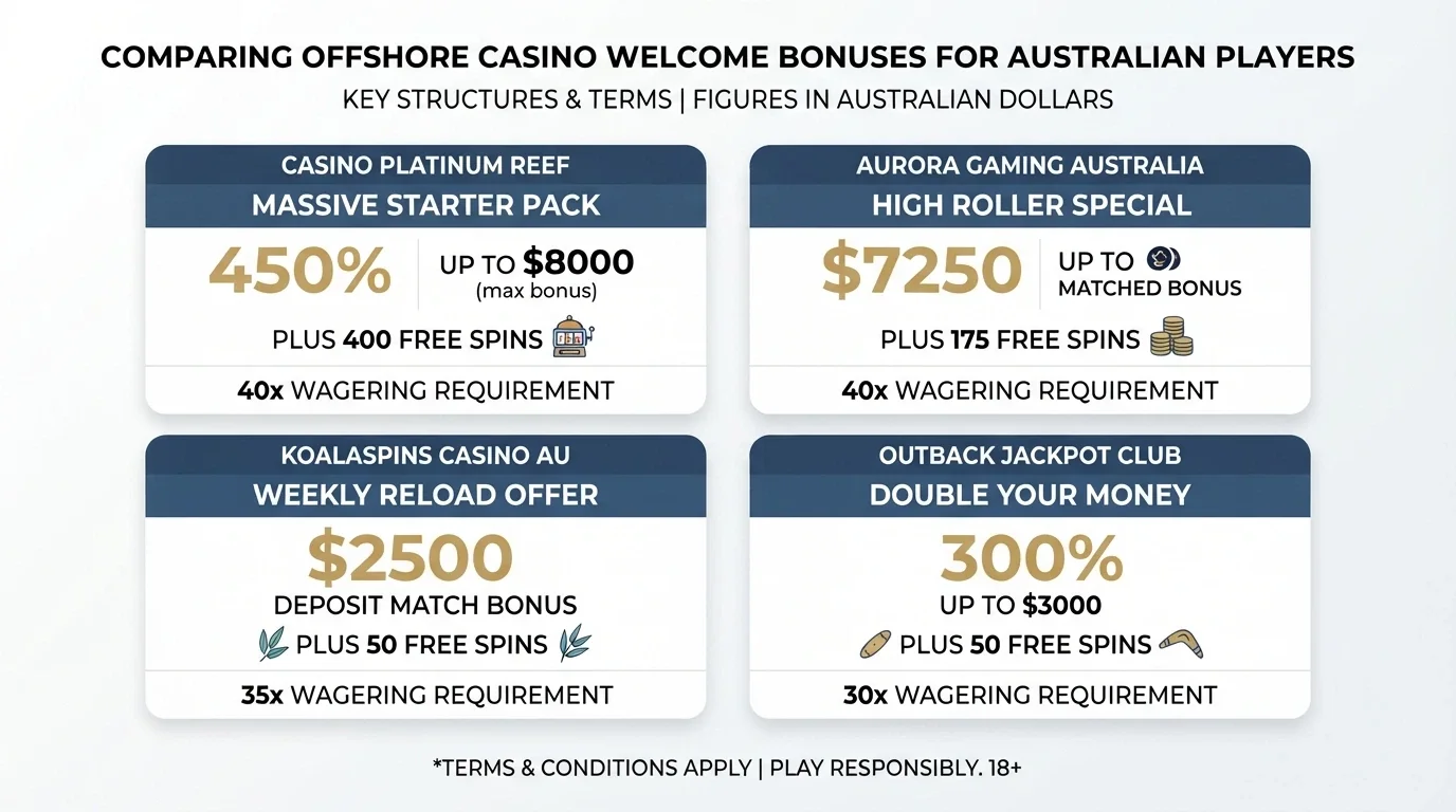A visual comparison of welcome bonus cards from several offshore casinos showing match percentages, free-spin counts and wagering multiples