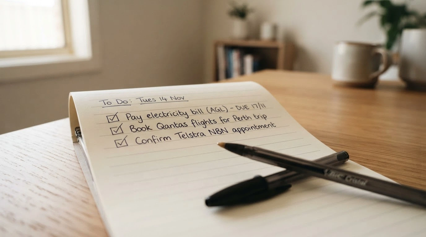 A notepad with a short checklist of three items ticked off, a pen resting beside it