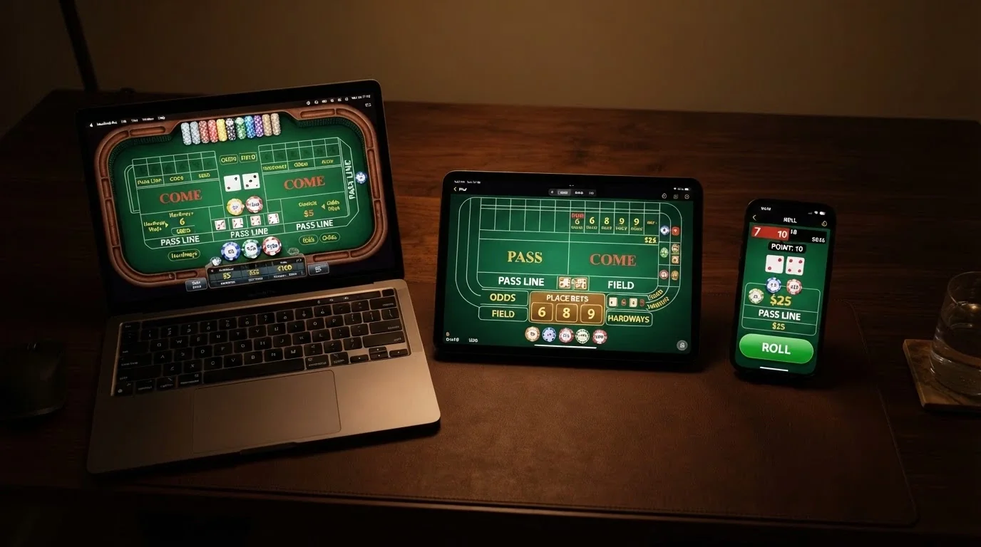 A split-screen comparison showing three different online casino craps interfaces side by side, highlighting the different table layouts and betting panels