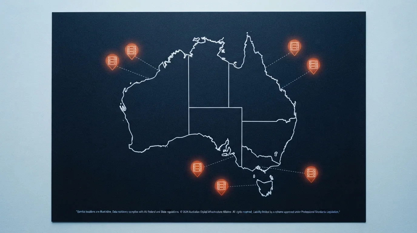 A map of Australia with offshore server locations marked outside the continent, overlaid with the Interactive Gambling Act 2001 text