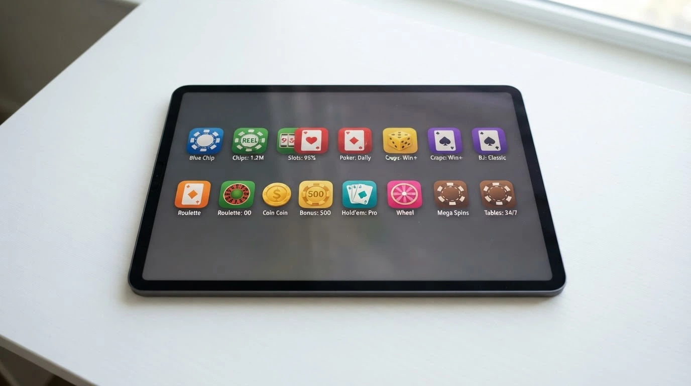 Side-by-side grid of ten casino app icons with key stats listed beneath each one