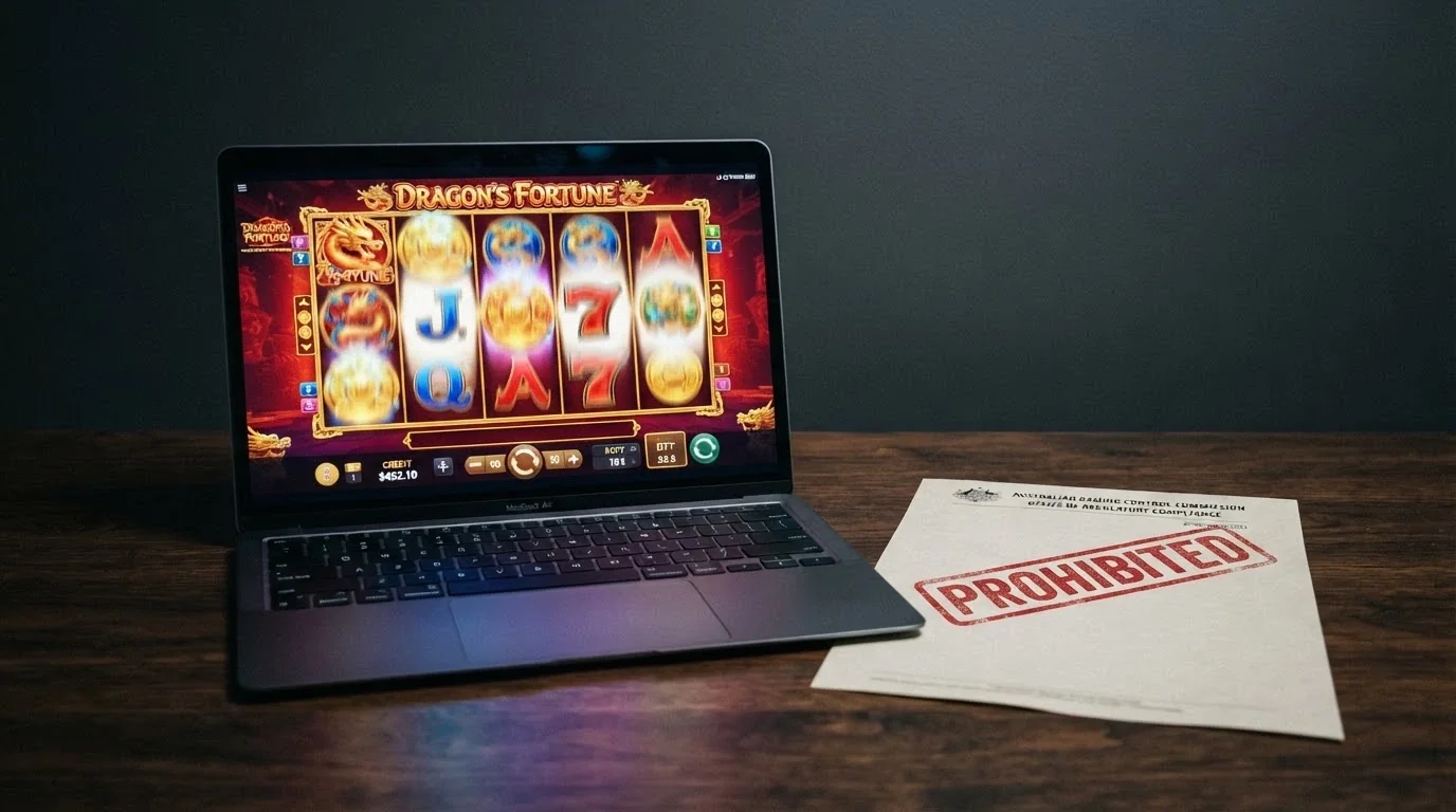 The ACMA logo beside a document titled Interactive Gambling Act 2001, with a red stamp reading “Prohibited” over an online pokies screen