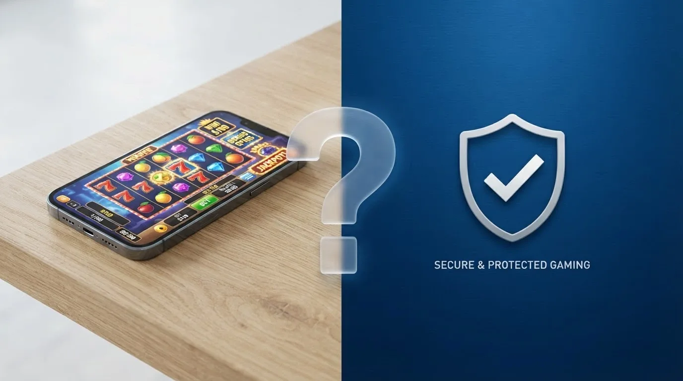 Split-image composition: smartphone displaying a pokies app on one side, Australian consumer-protection symbols on the other, with a question mark between them