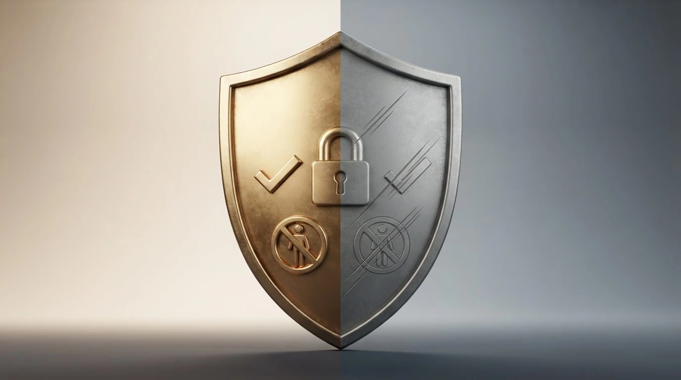 A split comparison visual: one side shows a shield with BetStop, complaint-handling and deposit-protection icons; the other side shows those same icons greyed out and crossed out