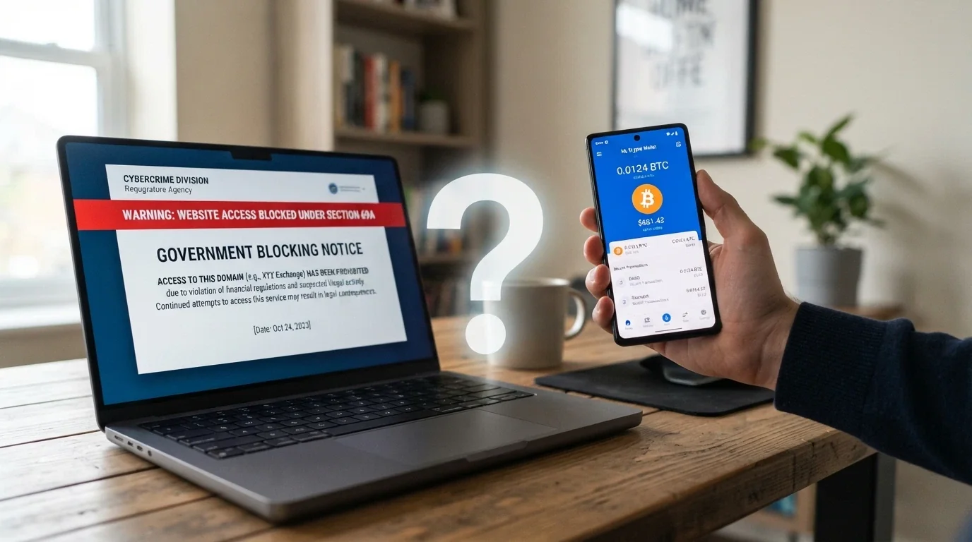 A smartphone showing a wallet app with a small SOL balance on one side and a casino site blocked-notice on the other, with a question-mark overlay between them
