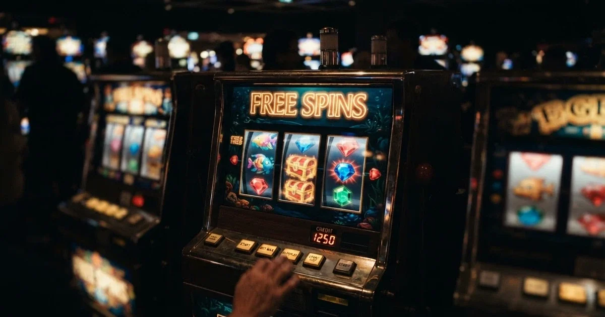 a row of colourful online pokie reels with the text “free spins” glowing on one screen, set against a dark casino-style background