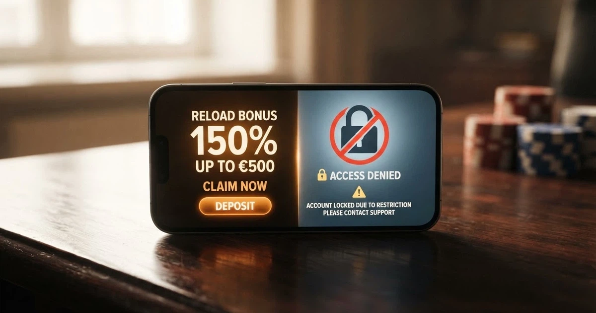 A split-screen comparison: one side shows a mobile phone displaying a casino reload bonus pop-up with a percentage match and a deposit button; the other side shows the same phone with a crossed-out padlock and a warning icon, representing the offshore risk.