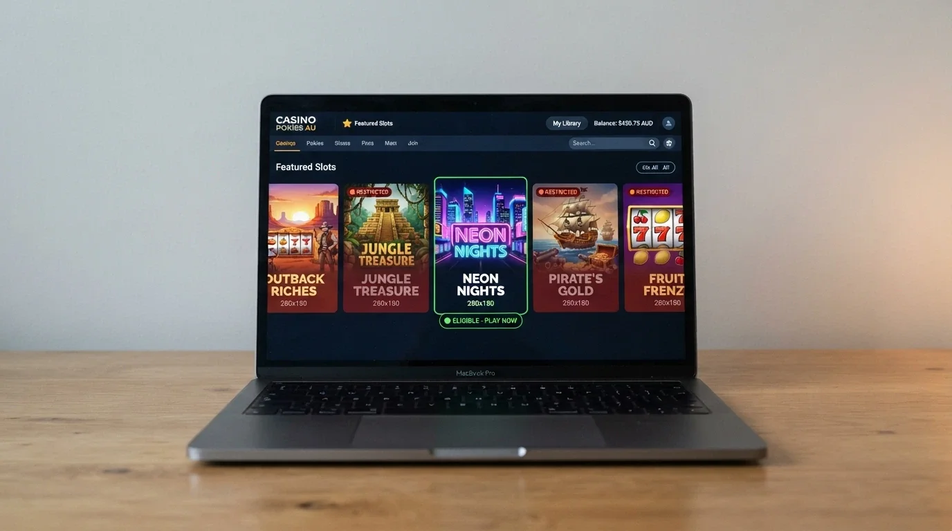 A row of online pokie title cards with a highlighted eligible-games tag on one title and a restricted overlay on others