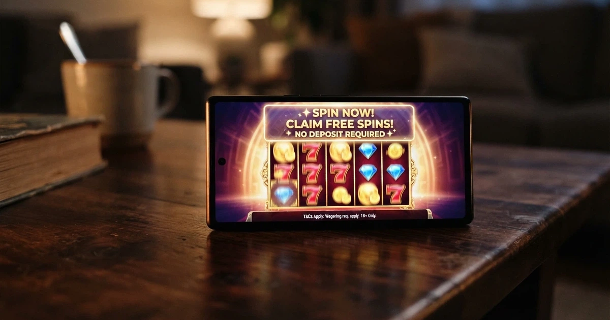 A smartphone screen showing a colourful online pokies game with a no-deposit bonus offer banner and a terms-and-conditions link visible below the reels
