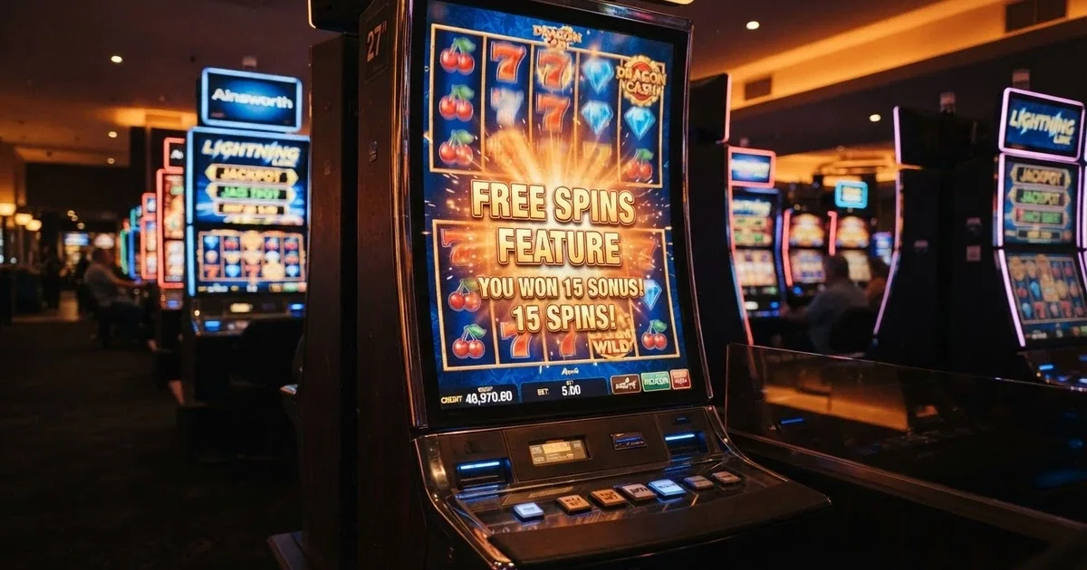 Row of colourful online pokies reels spinning with a free-spins pop-up overlay on screen