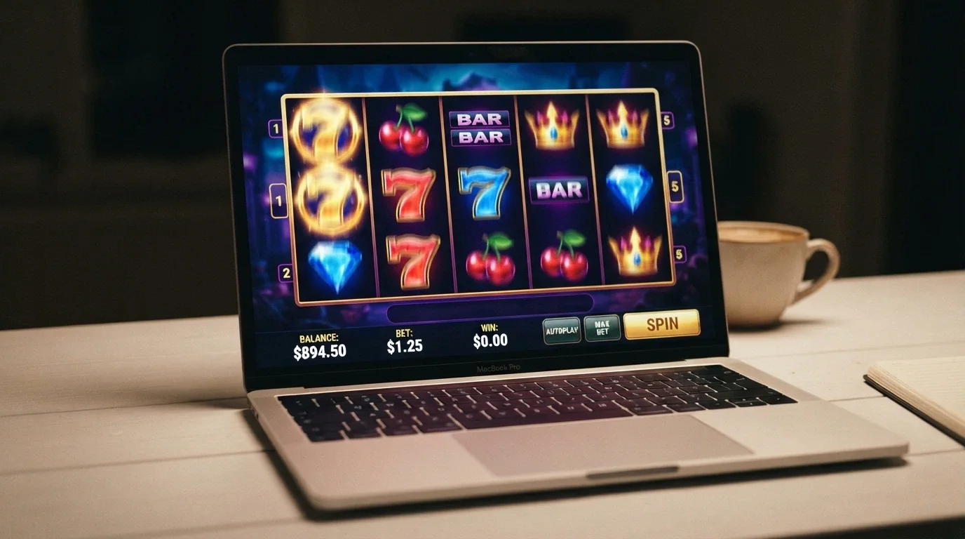 A colourful 5-by-3 online pokie grid mid-spin with Australian dollar bet amounts visible in the interface