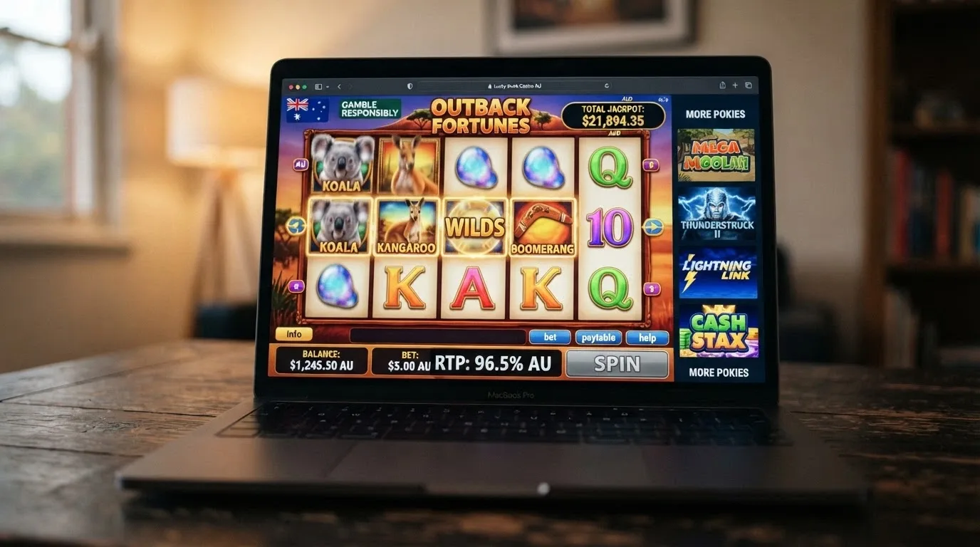 A pokies game screen with the RTP percentage visible in the info panel, several game thumbnails in a sidebar