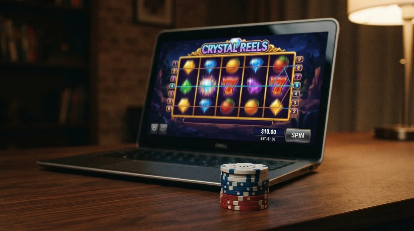 A row of online pokies reels on a screen with a small stack of chips and a display showing a $10.00 balance