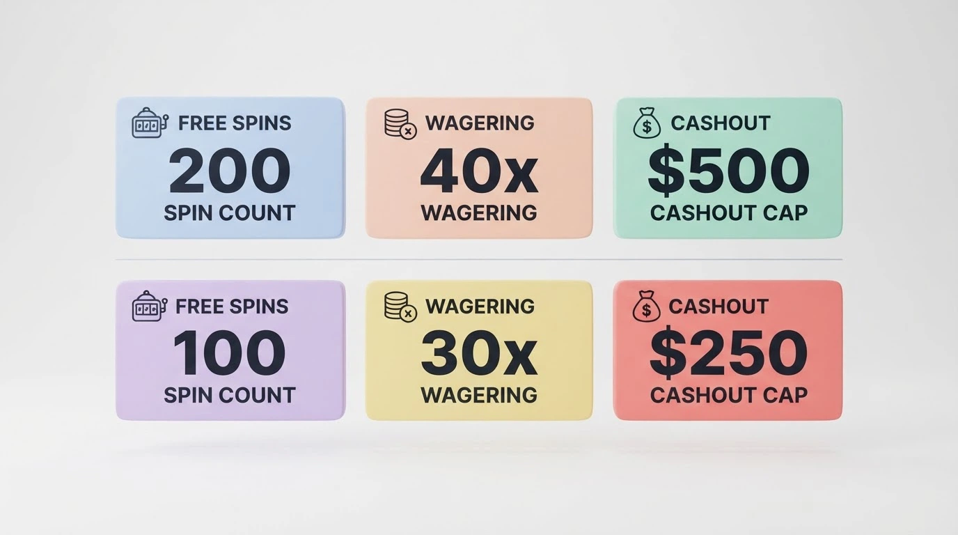 a stylised comparison chart with casino brand cards arranged in a grid, each card showing a spin count, a wagering multiplier and a cashout cap figure