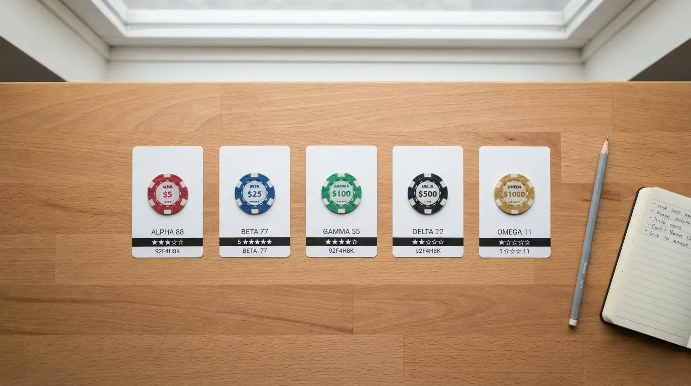 A side-by-side visual of casino brand cards with licence seals, bonus figures and star ratings arranged in a ranked grid