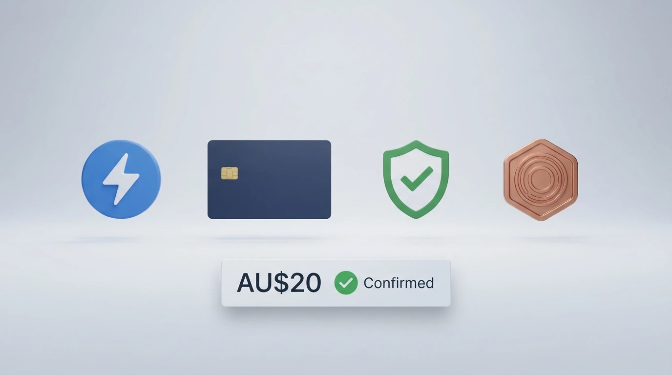 Four payment-method icons side by side — PayID, a debit card, POLi and a crypto wallet — above a AU$20 deposit confirmation screen