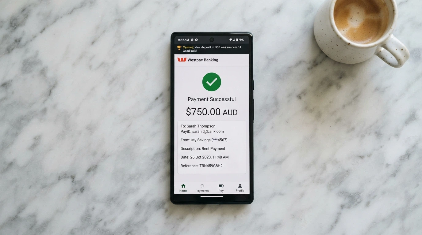 An Android phone displaying a banking app screen with a completed PayID transfer confirmation and a casino deposit notification