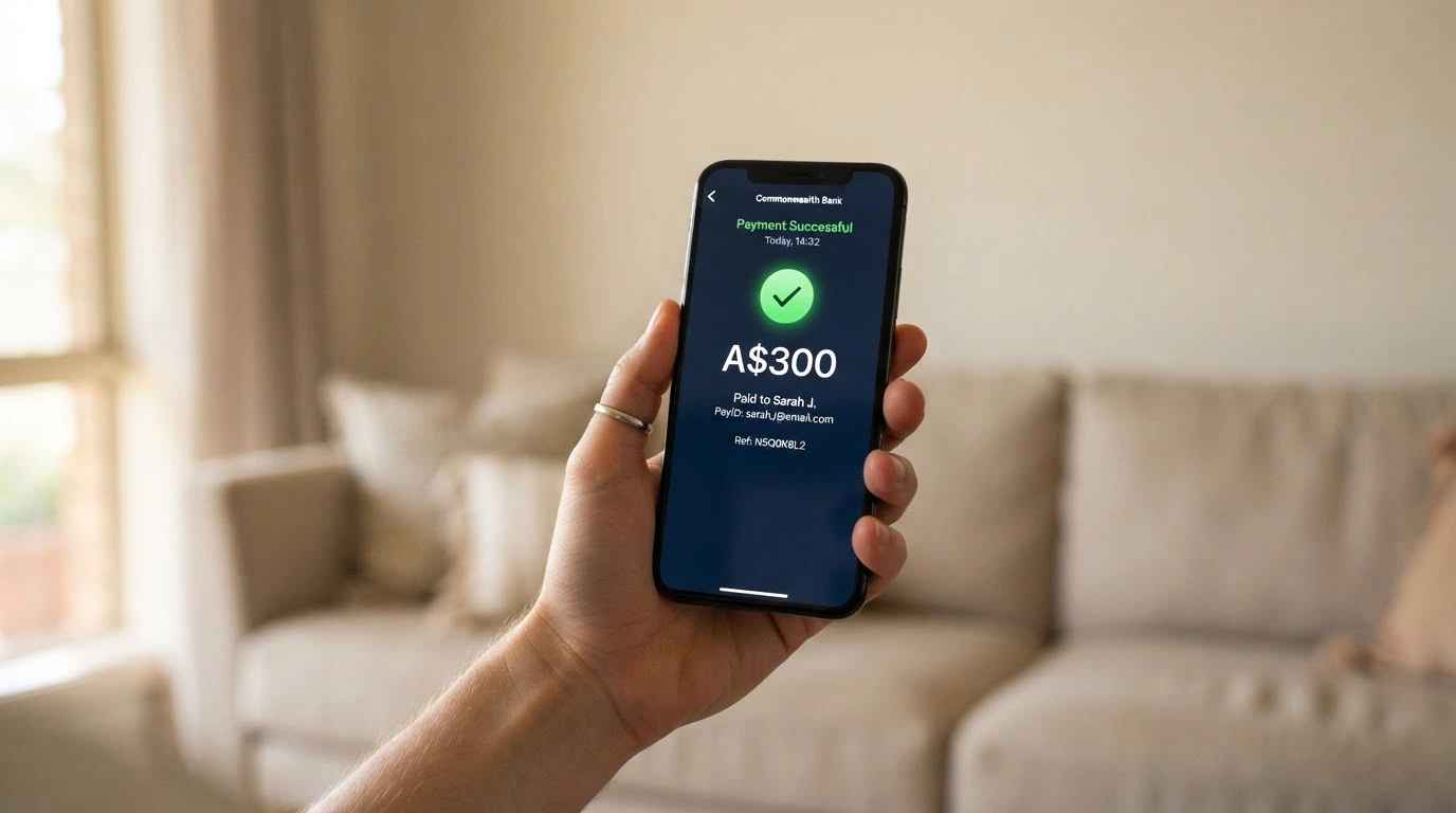 A smartphone banking-app screen showing a PayID transfer confirmation beside an online casino deposit-success notification