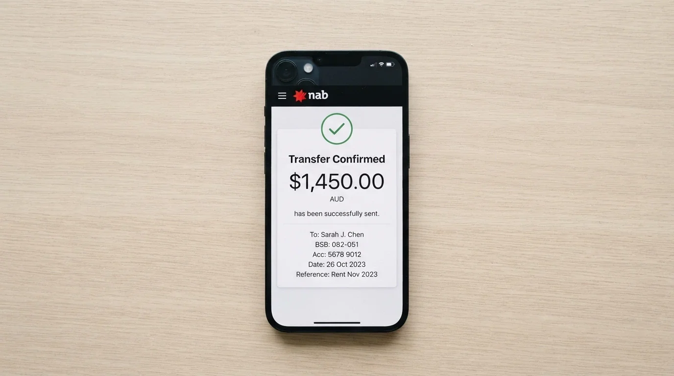 A phone showing a PayID transfer confirmation with an Australian bank app interface visible