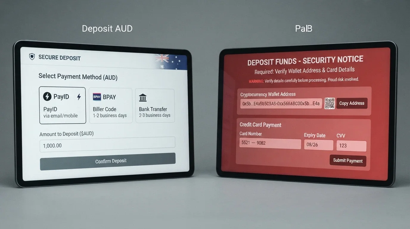 A split-screen of two deposit pages — one showing PayID and BPAY as options with AUD denominations, the other showing cryptocurrency wallet addresses and credit-card fields, the second side marked with a warning overlay