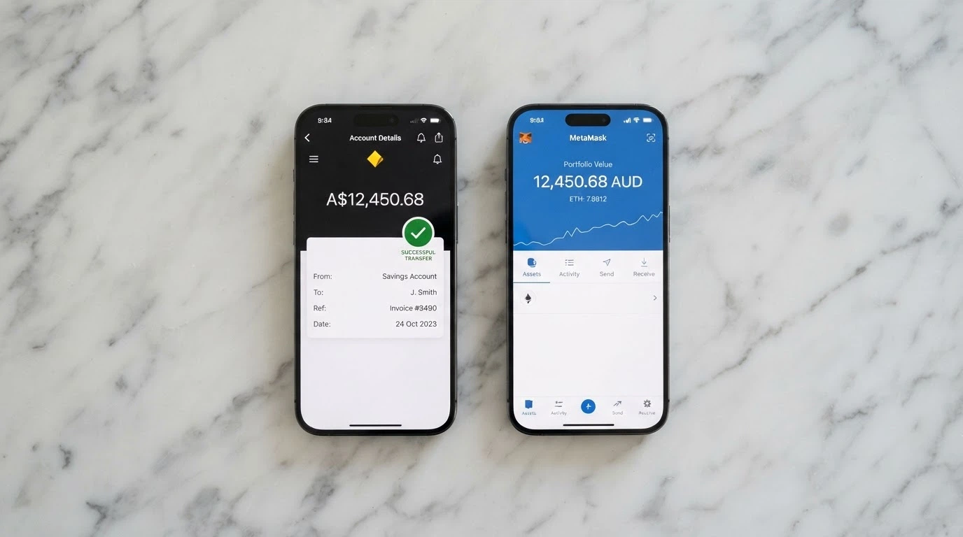 A split-screen showing a PayID banking app on one side and a crypto wallet confirmation on the other, both displaying five-figure AUD amounts