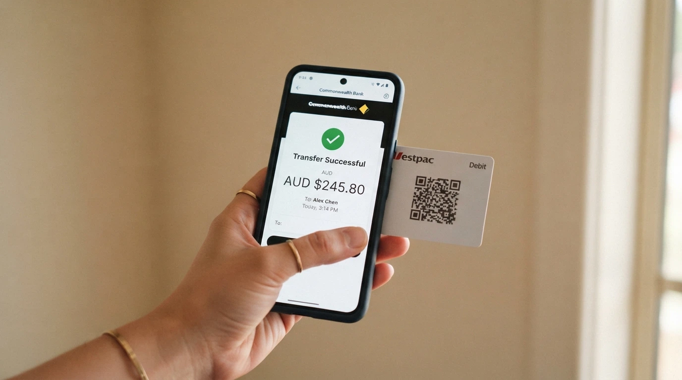 An Australian banking app showing a PayID transfer confirmation beside cryptocurrency wallet QR codes