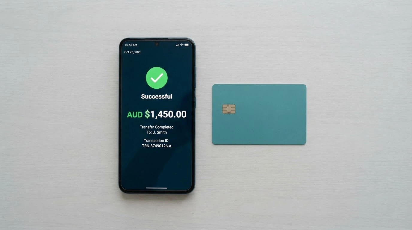 A smartphone screen showing a PayID transfer confirmation next to a debit card, with a casino deposit interface in the background