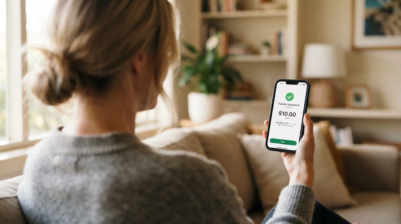 A banking app on a phone screen showing a PayID payment confirmation for a $10 casino deposit, with a timestamp visible