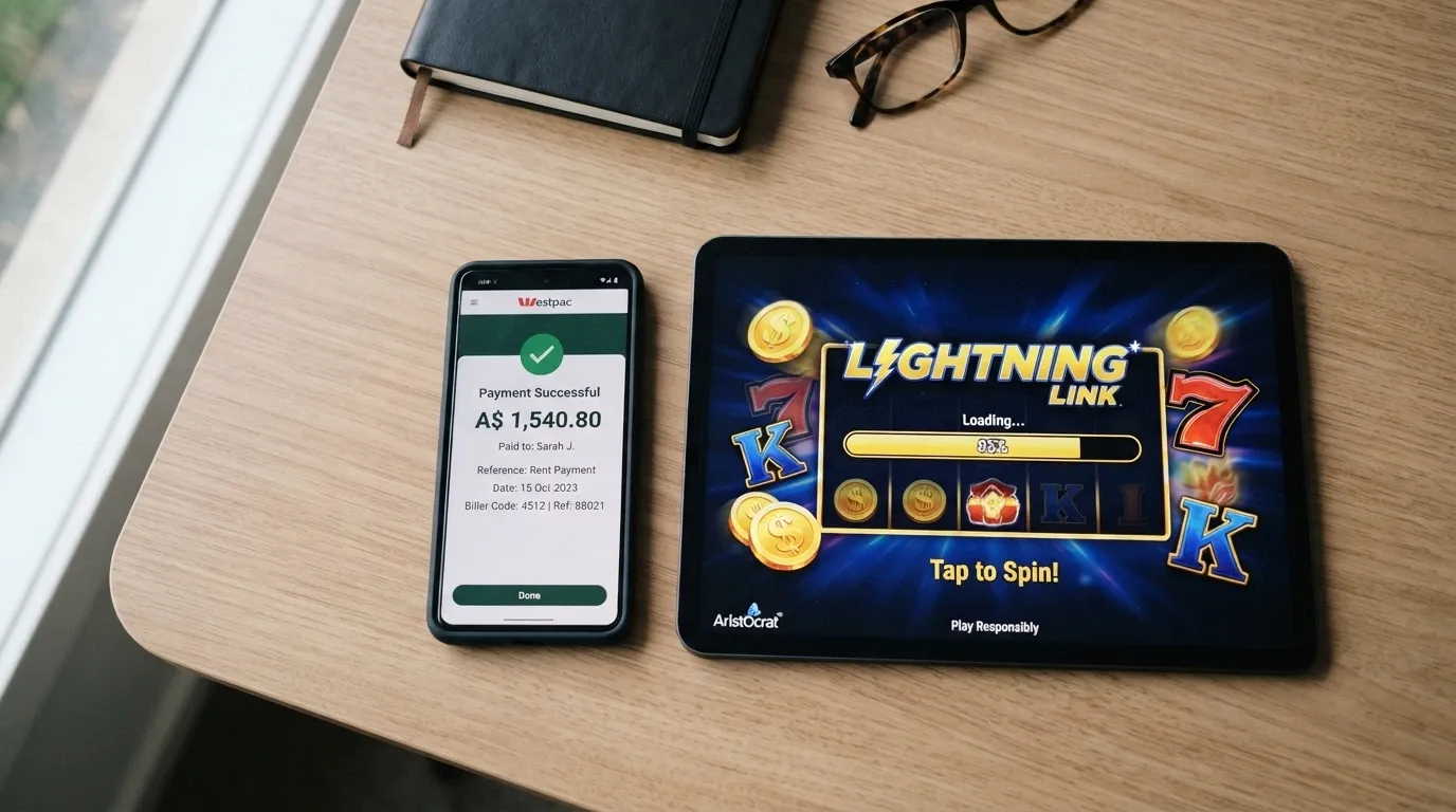 mobile phone screen showing a PayID transfer confirmation beside an Aristocrat pokie game loading screen