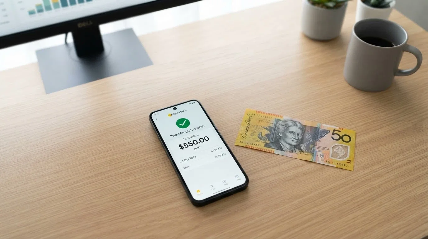 A smartphone showing a banking app with a PayID transfer confirmation screen, an Australian $50 note nearby