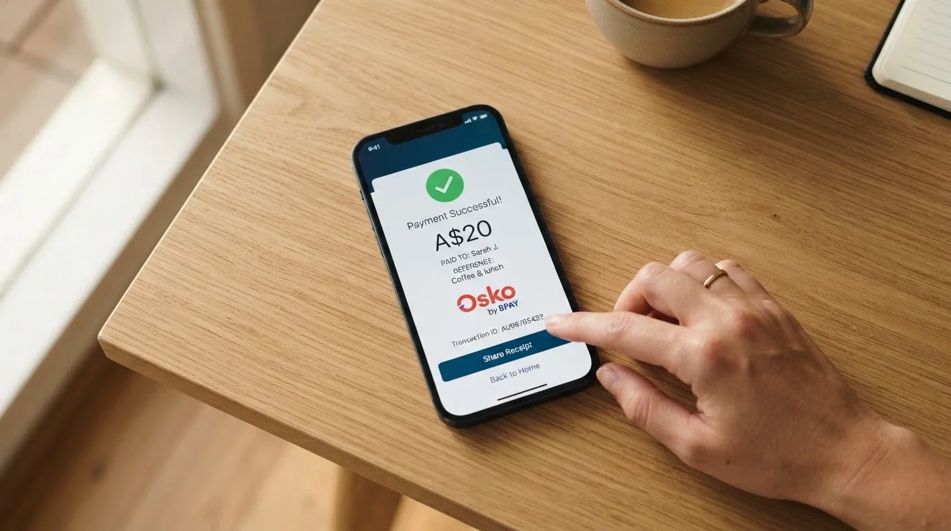A smartphone screen showing a PayID bank transfer confirmation with an Osko payment receipt