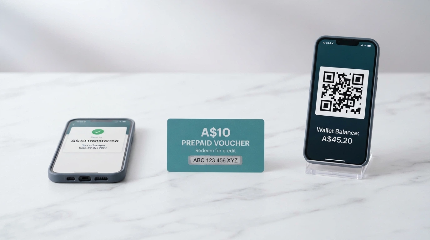 Three payment-method icons arranged in a row — a PayID/Osko logo on a banking app screen, a Neosurf voucher with A$10 denomination visible, and a crypto wallet QR code