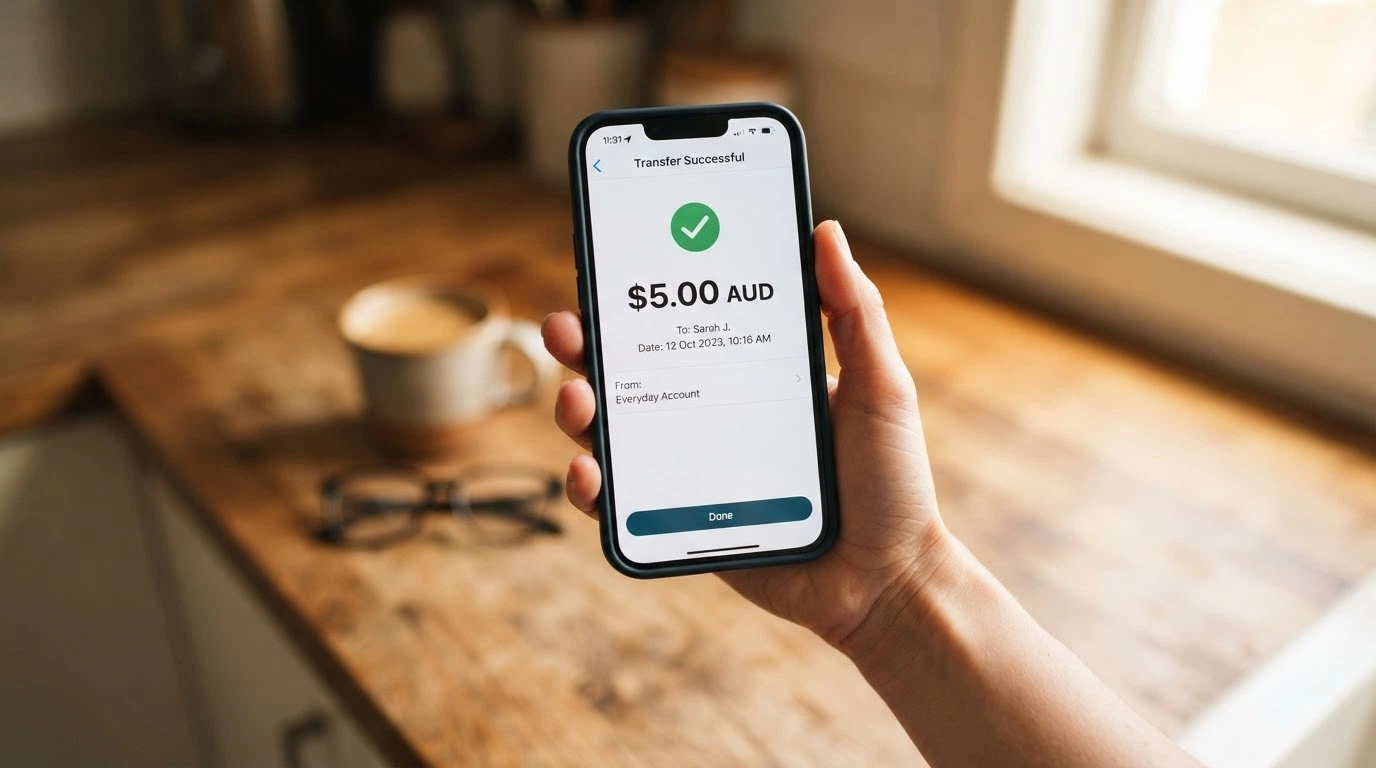 A phone screen displaying a banking app with a PayID transfer of $5.00 to a casino-branded payee name