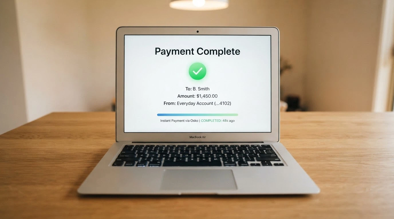 A laptop screen showing a PayID transfer confirmation with an Osko payment-complete notification