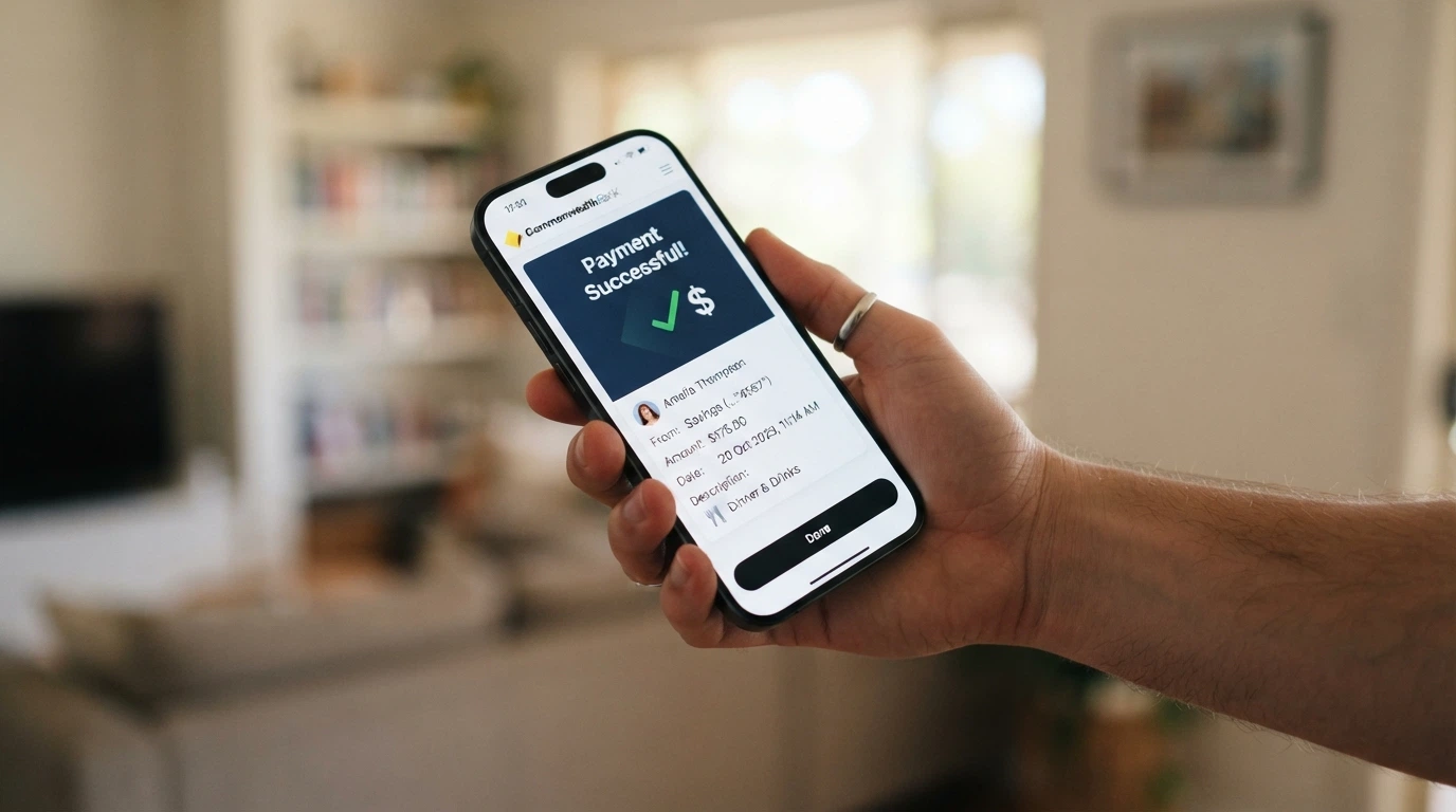 A smartphone displaying a PayID transaction with a transferred amount on screen