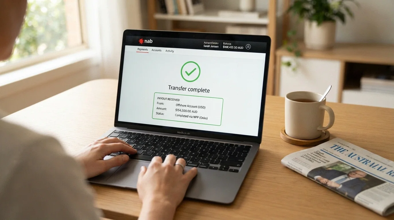 An Australian online banking interface showing a PayID transfer confirmation screen with a pending withdrawal amount
