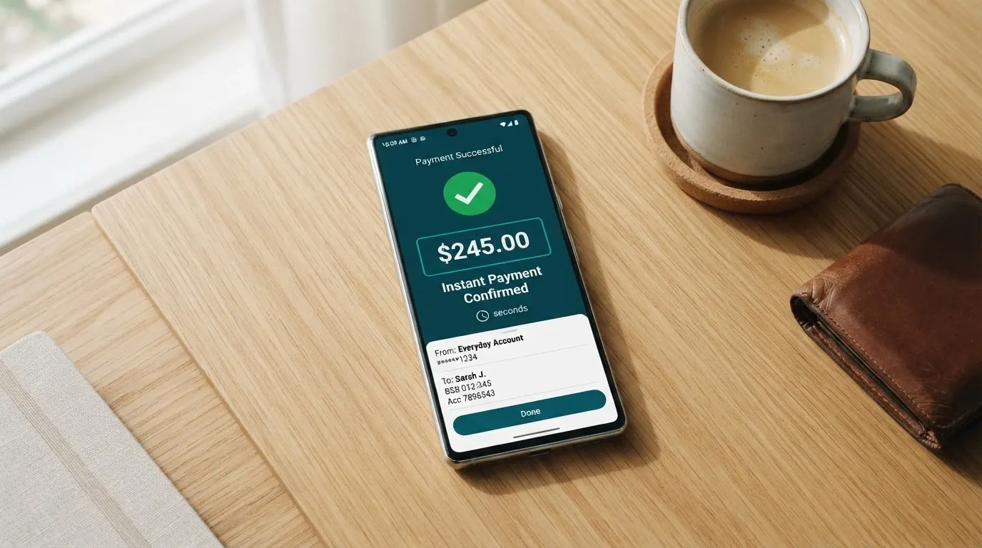 A smartphone screen showing a banking app with the PayID logo and an Osko transfer confirmation for a casino deposit amount, with a green instant-transfer tick and a small clock icon reading “seconds”.