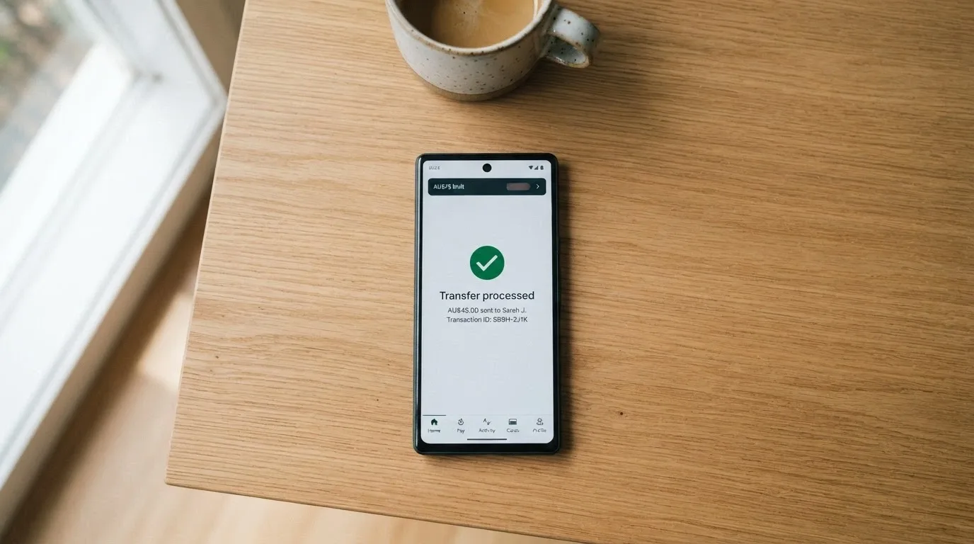 a mobile banking app screen showing a PayID transfer with the Osko logo and a “processed” confirmation, with a subtle AU$75 cap notice overlaid