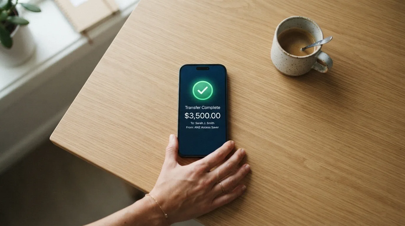 A smartphone displaying a PayID bank-transfer confirmation screen with an Australian bank app interface visible