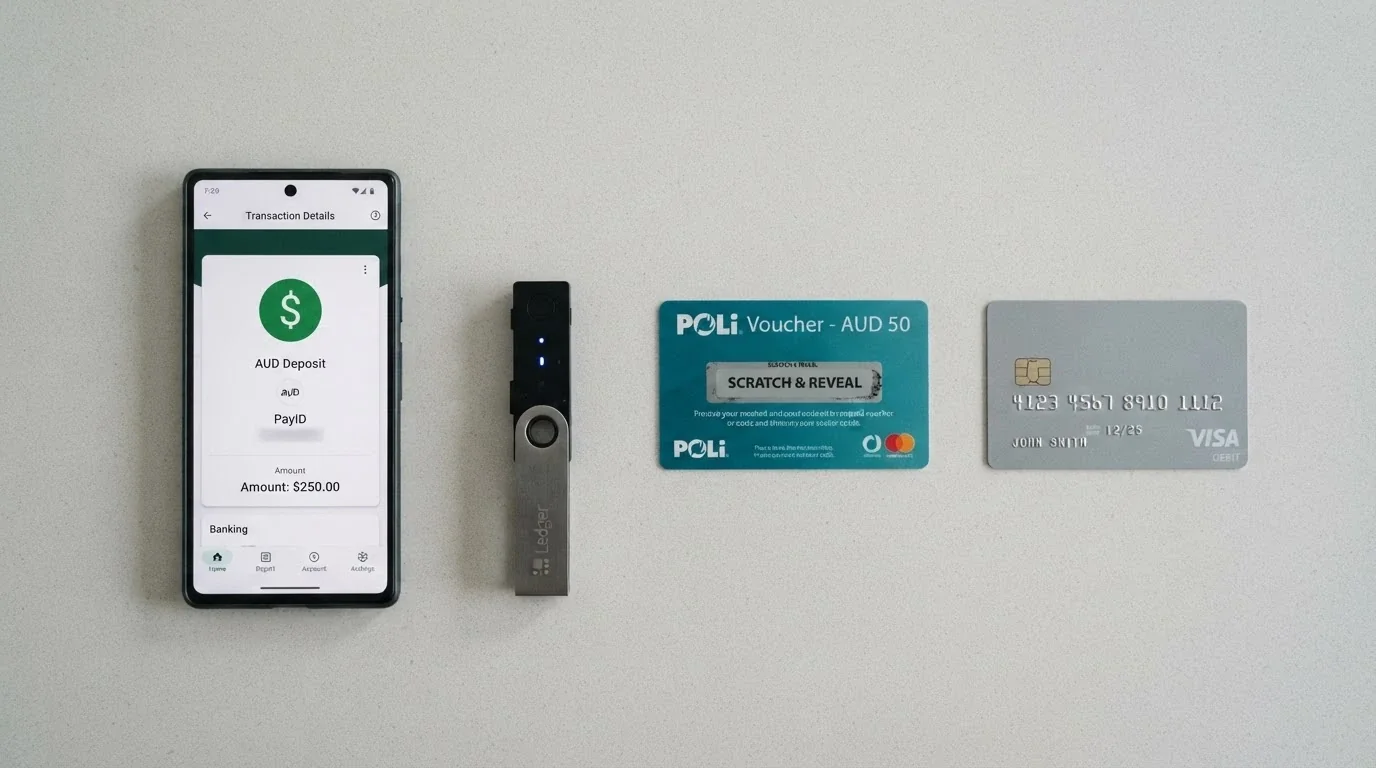 A desktop arrangement of a smartphone showing a PayID transfer screen, a hardware wallet, a Neosurf voucher and a debit card