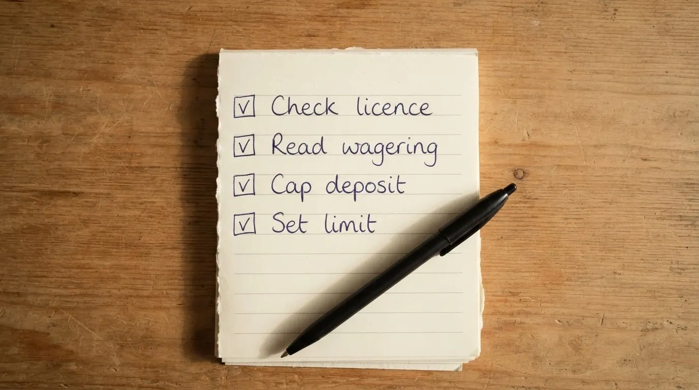 A notepad with a short checklist of steps — check licence, read wagering, cap deposit, set limit — beside a pen